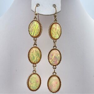 Gorgeous Iridescent Opal-Look Triple Oval Dangle Earrings Gold Tone